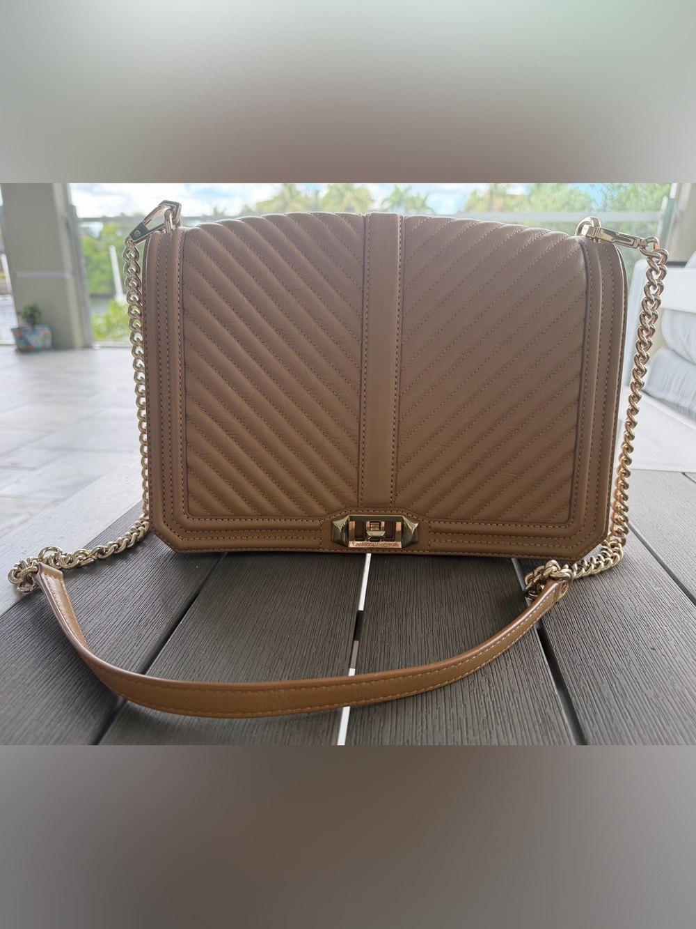Rebecca Minkoff Quilted Leather Crossbody Shoulder Bag Tan Beige Gold Chain